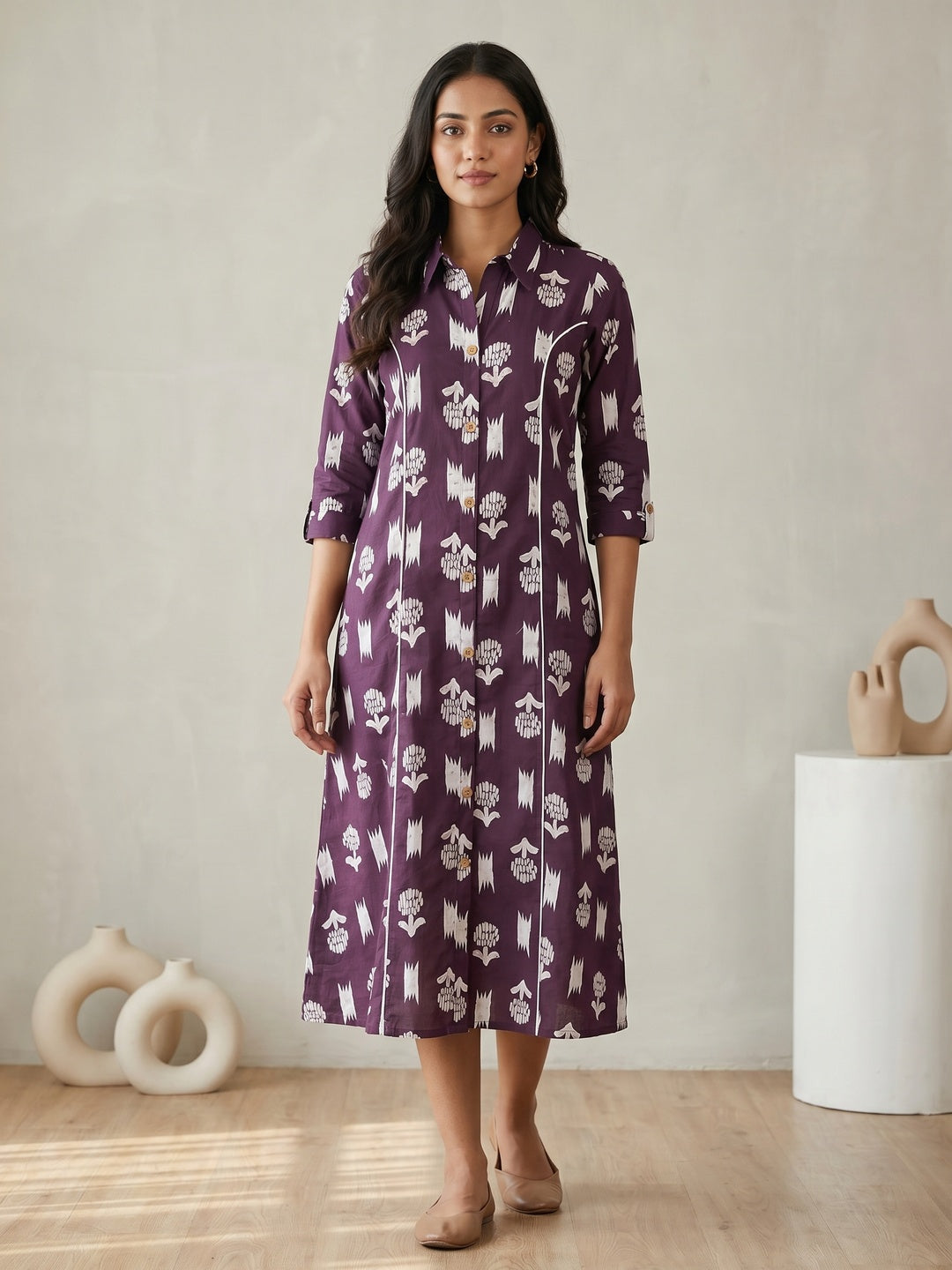 PINKI DAS Plum Abstract Printed Cotton Kurti front view