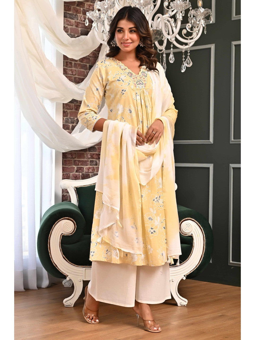 PINKI DAS Powder Yellow Floral Printed Cotton Suit front view
