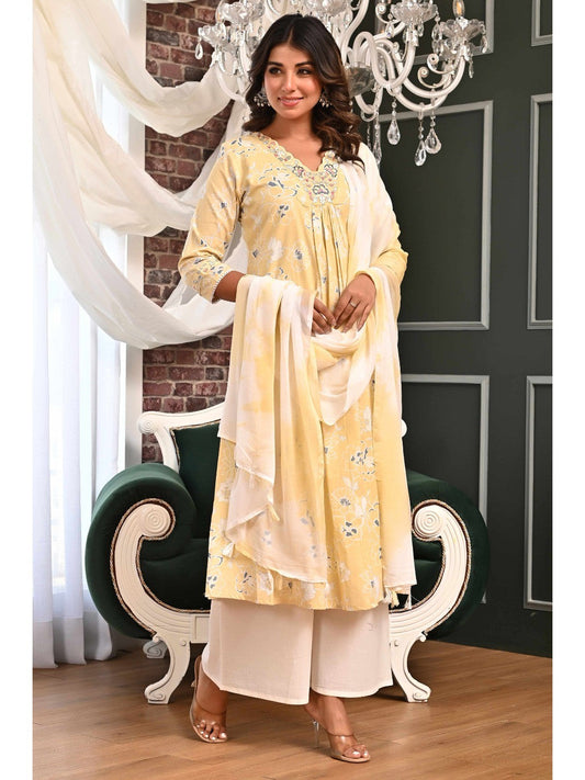 PINKI DAS Powder Yellow Floral Printed Cotton Suit front view