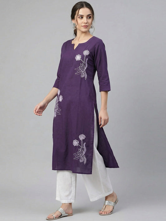 PINKI DAS Purple Floral Embroidered Cotton Kurti front view