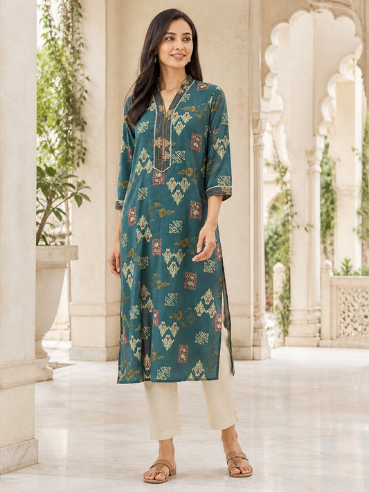 PINKI DAS Rama Green Ethnic Motif Viscose Blend Kurti front view