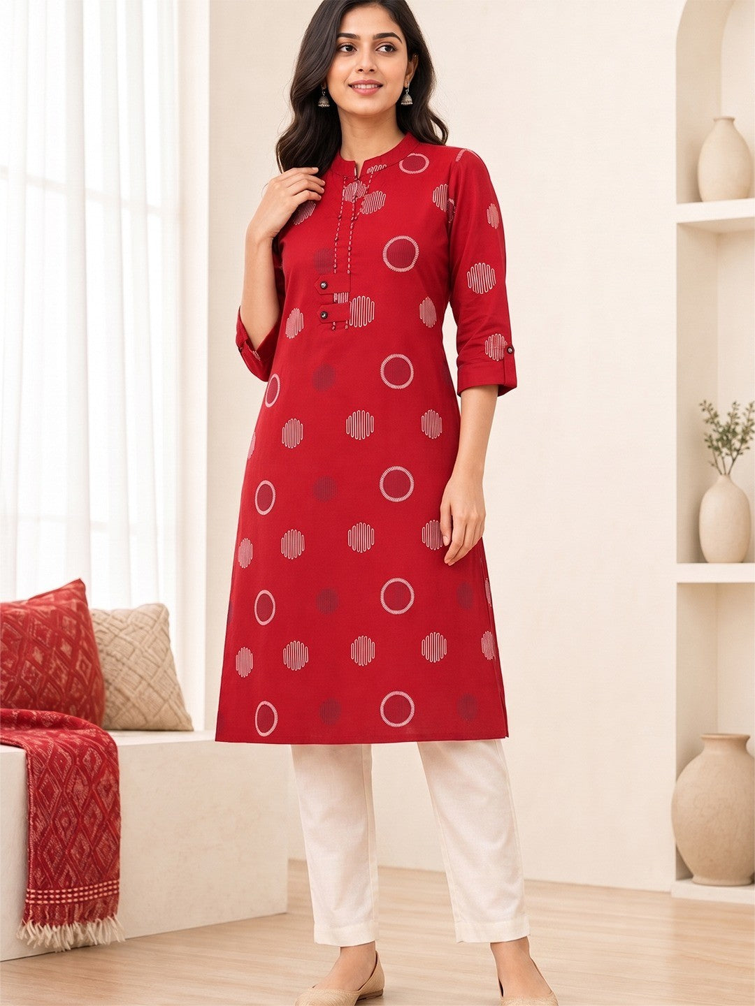 PINKI DAS Red Geometric Printed Cotton Kurti front view
