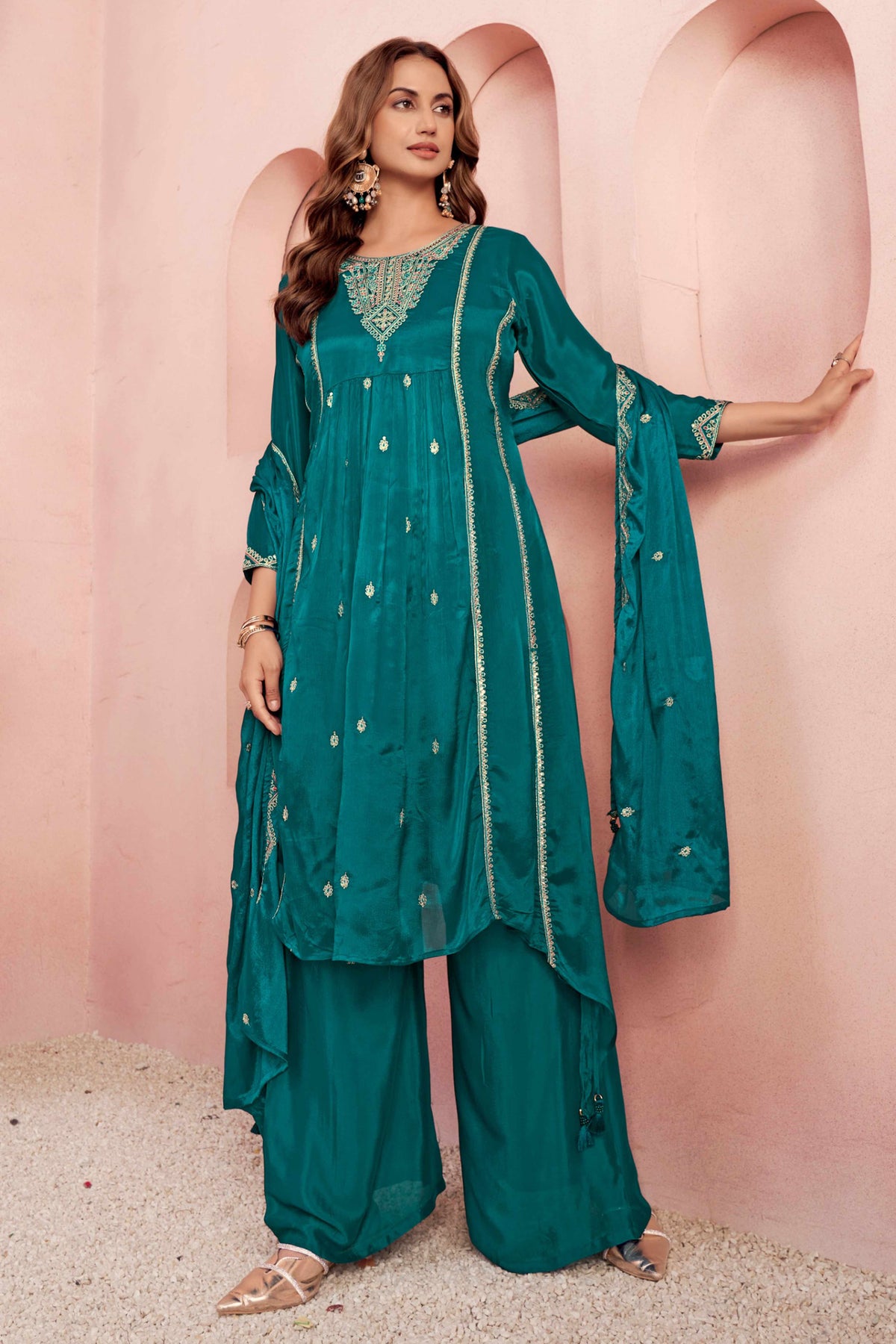 PINKI DAS Teal Thread Embroidered Viscose Chinon Suit front view