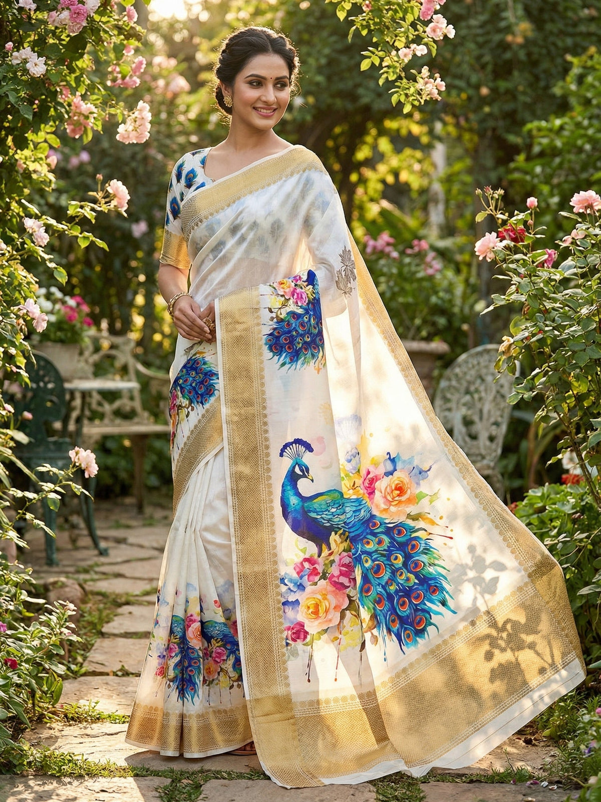 PINKI DAS White & Blue Floral Dola Silk Saree front view