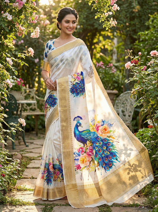 PINKI DAS White & Blue Floral Dola Silk Saree front view