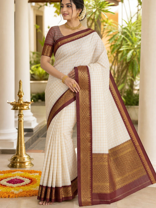 PINKI DAS White & Maroon Checked Cotton Silk Saree front view