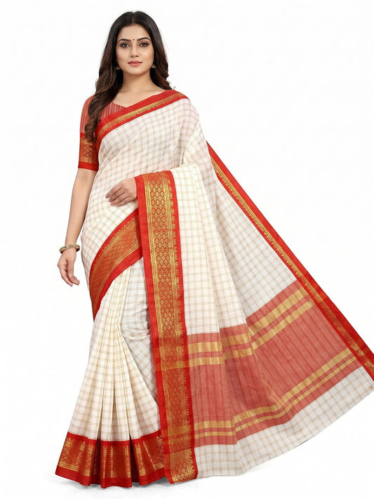 PINKI DAS White & Red Checked Cotton Silk Saree front view