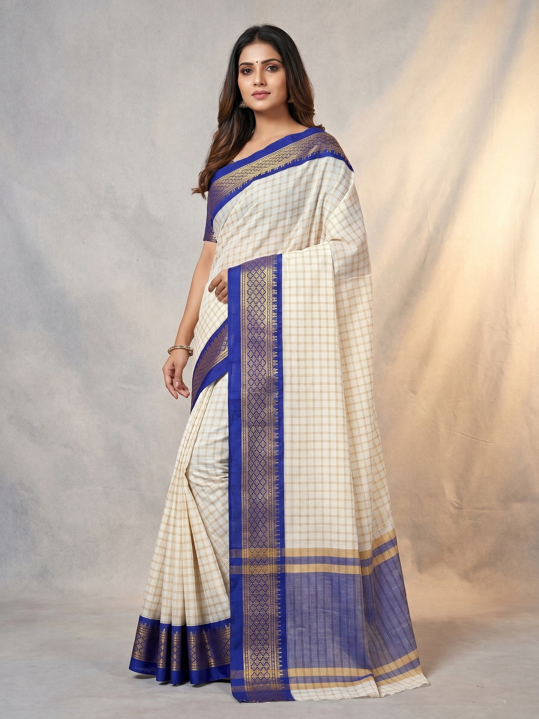 PINKI DAS White & Royal Blue Checked Cotton Silk Saree front view