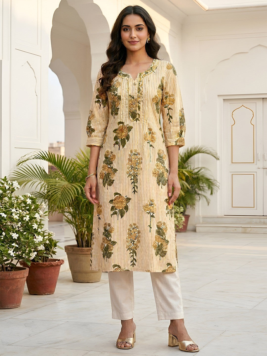PINKI DAS Yellow Floral Cotton Straight Kurti front view
