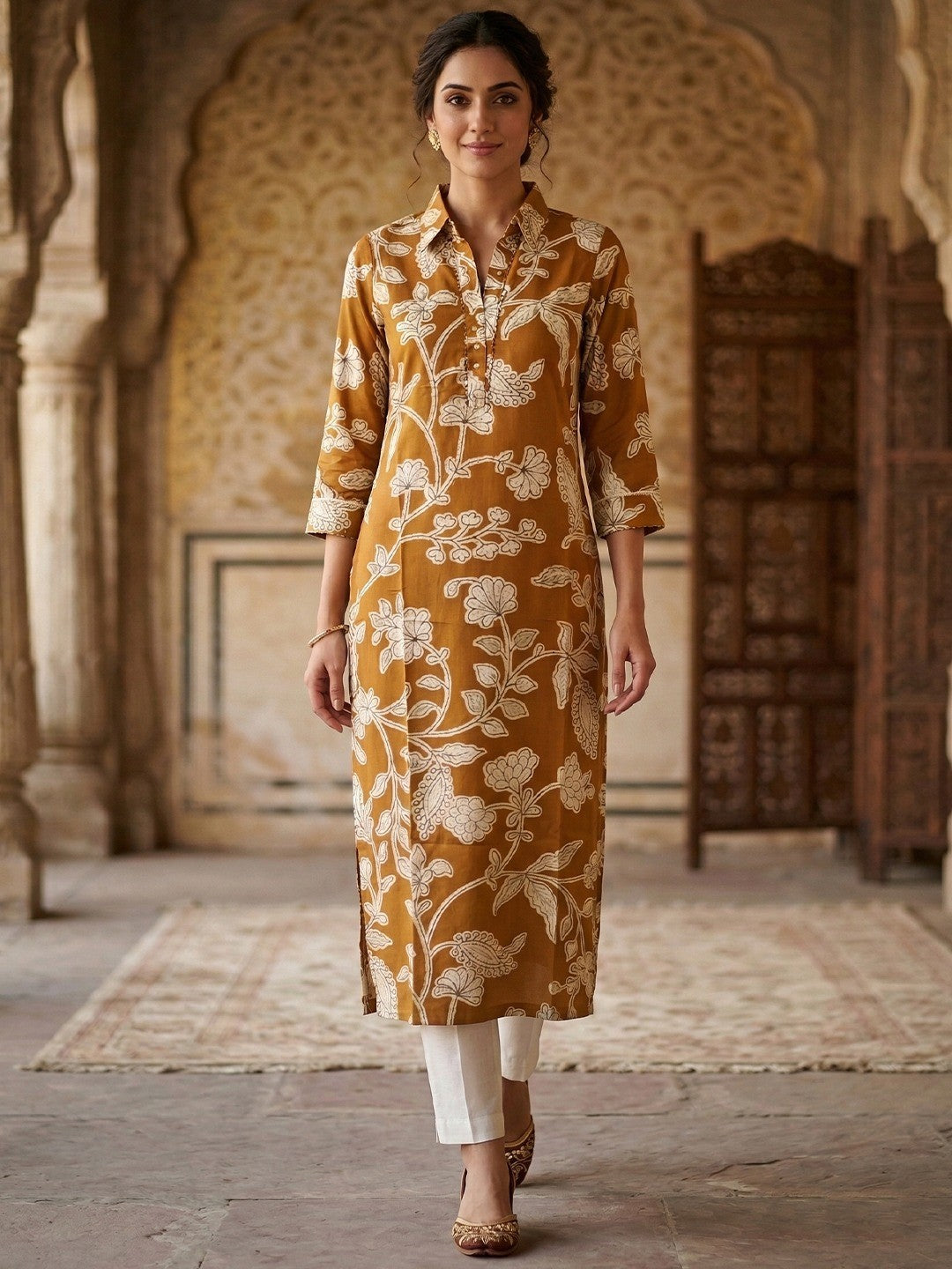 PINKI DAS Yellow Floral Printed Rayon Collar Kurti front view