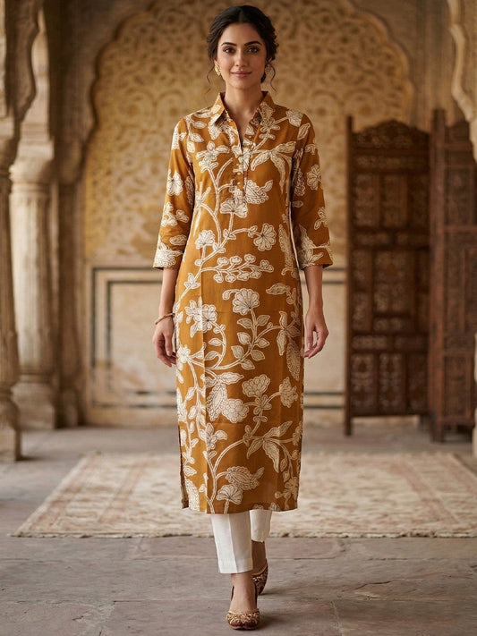 PINKI DAS Yellow Floral Printed Rayon Collar Kurti front view