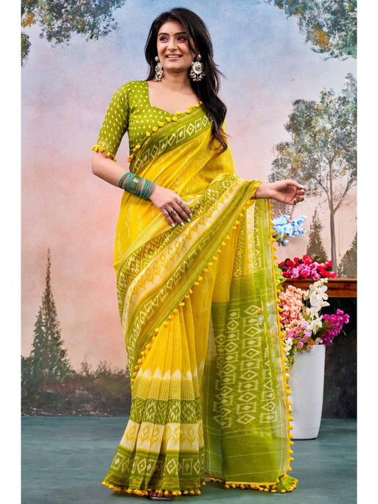 PINKI DAS Yellow Printed Cotton Blend Saree front view